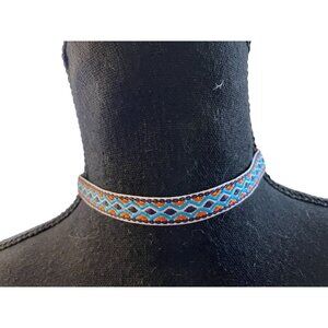 90's aztec tribal fabric choker blue orange black cord tie